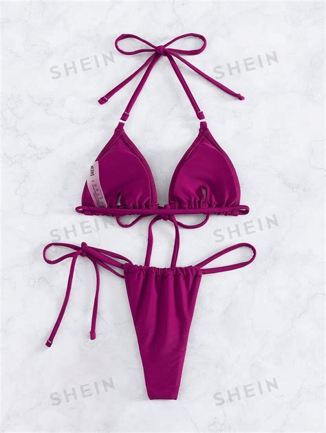 SHEIN Swim Summer Beach Solid Bikini Set Micro Triangle Bra Thong