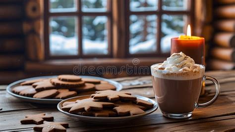 Cozy Cabin Hot Chocolate And Gingerbread Cookies Winter Scene Stock Photo Image Of Baked