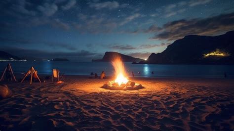 Premium AI Image | A beach bonfire under the starry night sky