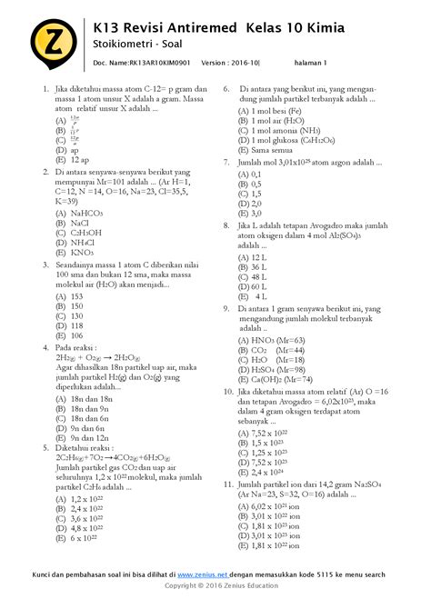 PDF Stoikiometri Soal PDF FileStoikiometri Soal Halaman 1 Kunci