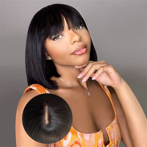 Realistic Glueless Natural Black Yaki Straight Bob With Bangs Wig 10