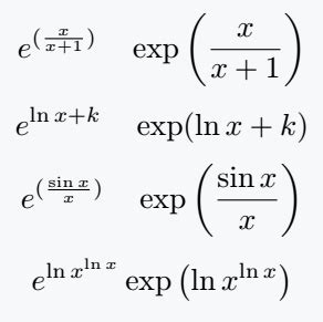 How to write exponentiation and exponential functions in LaTeX?