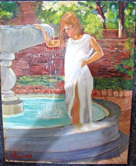 Original Oil On Canvas Painting Little Girl In Fountain Child Playing