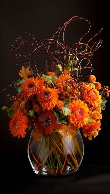 Premium AI Image A Vase With Orange Flowers And Branches With The