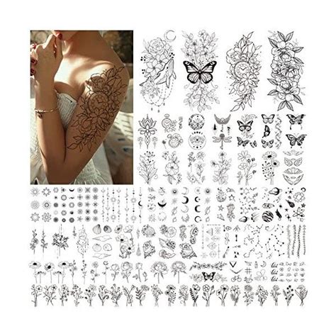 Acevegue 61 Feuilles Tatouages Temporaires Fleurs Papillons Aile