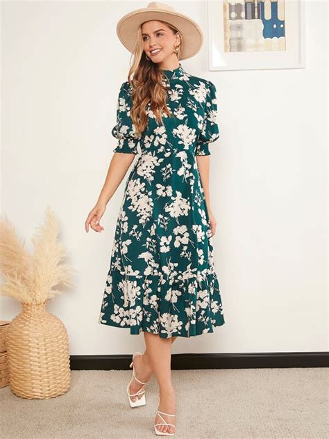 Shein Clasi Mock Neck Floral Print Ruffle Hem Dress Shein Usa