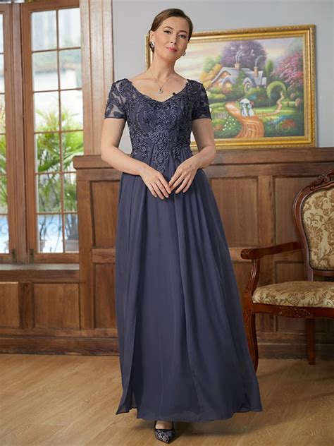 A Line Princess Chiffon Applique V Neck Short Sleeves Floor Length