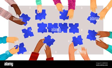 Hands Of Diverse People With Puzzles Vector Illustration Solving