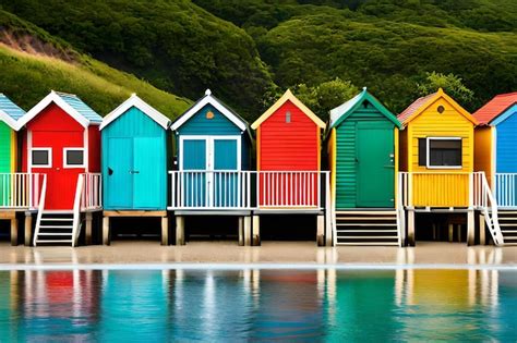 Premium Photo A Row Of Colorful Beach Huts With A White Railing