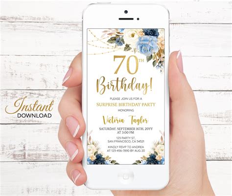 Editable 70th Birthday Invitation For Women Any Age Blue Floral