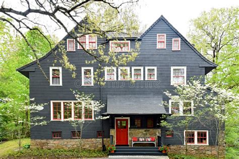 Gray House Red Door - A Suburban Detached House With Grey Siding And ...