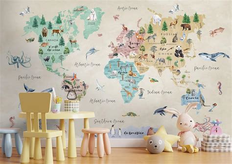 Buy Kids Map Wallpaper for Childrens Watercolor Educational World Map ...