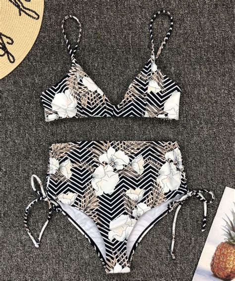 Striped Printed High Waist Split Swimsuit Bikini On Luulla
