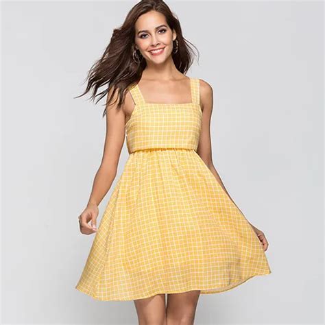 Doreenbow Women Sweet Yellow Plaid Dress Back Bow Strapless Party Club