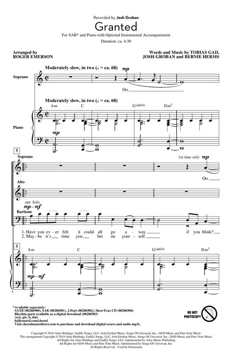 Granted Arr Roger Emerson By Josh Groban Sheet Music For SAB Choir