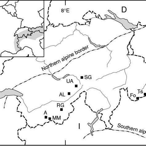 1 Sketch map of the Swiss Alps showing the locations of the ...