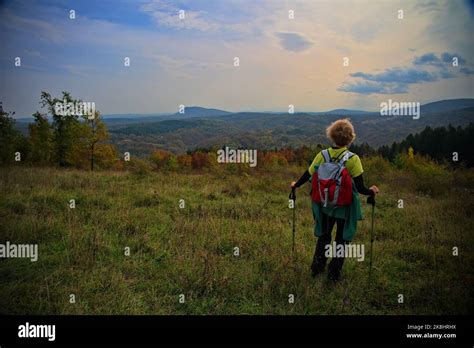 Rear View Of Mature Woman Hiking In Nature Stock Photo Alamy