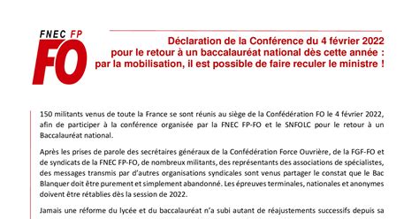 Snfolc D Claration De La Conf Rence Du F Vrier Pour Le Retour