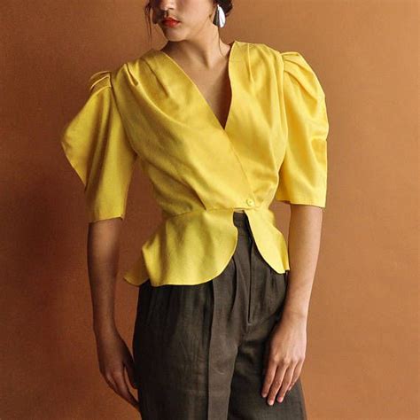 Puff Sleeve Blouse Yellow Peplum Blouse Strong Shoulder Blouse