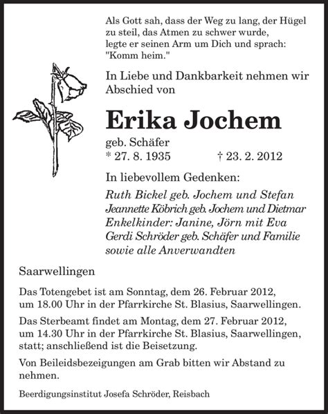 Traueranzeigen Von Erika Jochem Saarbruecker Zeitung Trauer De