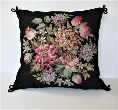 Shabby Black Vintage Needlepoint Accent Pillow 15 X Etsy Floral