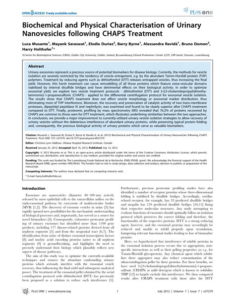 Pdf Biochemical And Physical Characterisation Of Urinary Nanovesicles