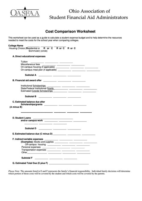 Cost Comparison Worksheet Printable Pdf Download