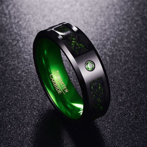 8mm Mens Green Carbon Fiber Dragon Tungsten Ring