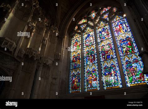 The interior of Ely Cathedral, detail of stained glass window - Ely ...