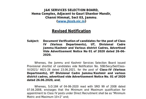 Jkssb Revised Notification Document Verification Of Candidates For The