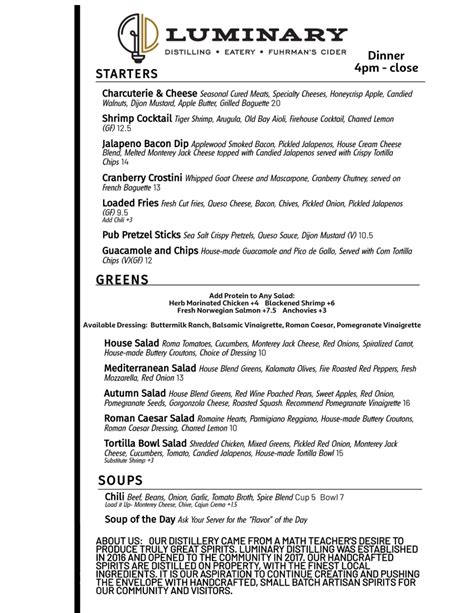 Distillery Eatery Food Menus Luminary Distilling LLC