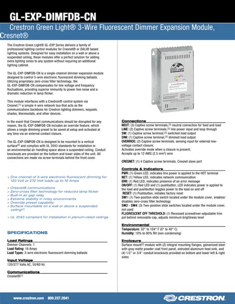 Spec Sheet Gl Exp Dimfdb Cn Crestron Green Light® 3