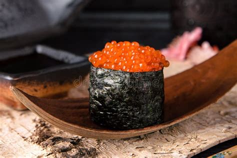 Gunkan Maki Yukke Or Sushi Topping With Spicy Minced Beef And Raw Quail