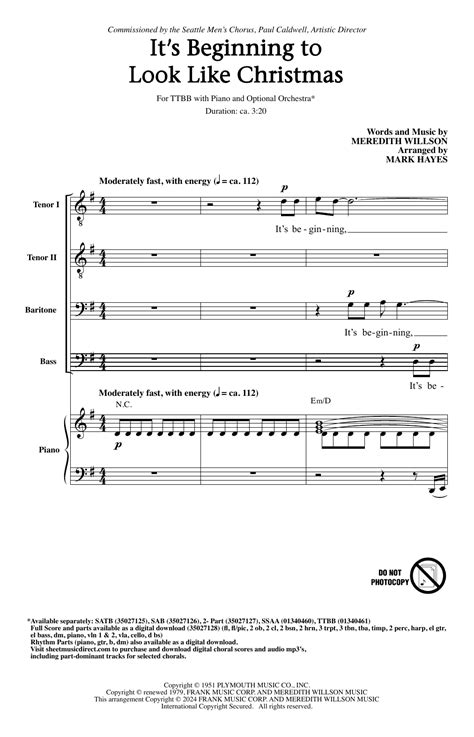 It S Beginning To Look Like Christmas Arr Mark Hayes By Meredith Willson Sheet Music For Ttbb