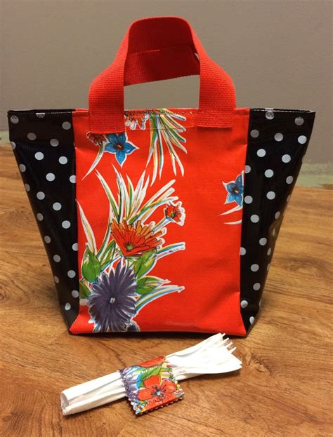 Oilcloth Fabric Lunch Bag With Utensil Holder Red Floral Etsy