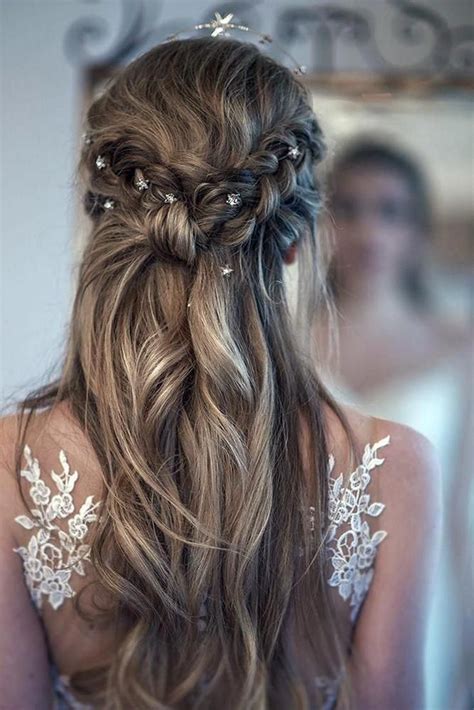 Wedding Hair Half Up Half Down With Braids And Curls Bohemian Stars Accessories