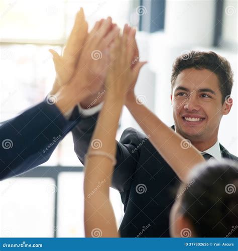 Hands, Teamwork or Excited Business People High Five for Mission