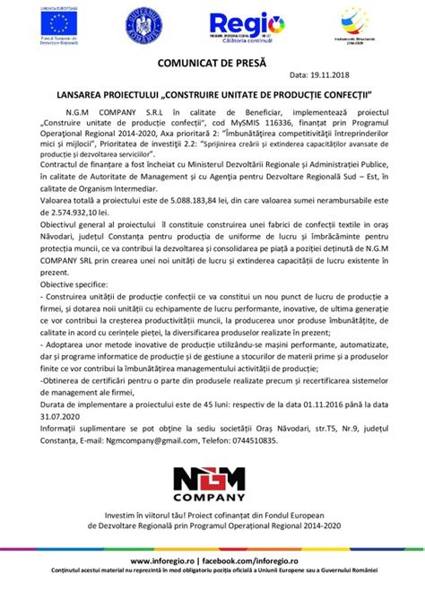 Comunicat De Pres Lansarea Proiectului Construire Unitate De