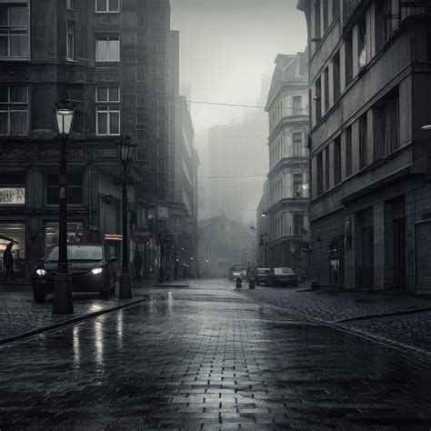 Premium Ai Image Street In The Fog At Night Black And White