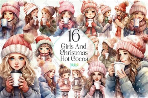 Girls And Christmas Hot Cocoa Clipart Graphic By JaneCreative