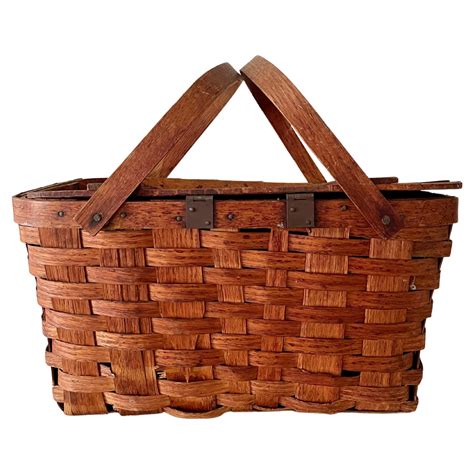 Vintage Woven Basket With Peaked Lid And Splint Handles At Stdibs