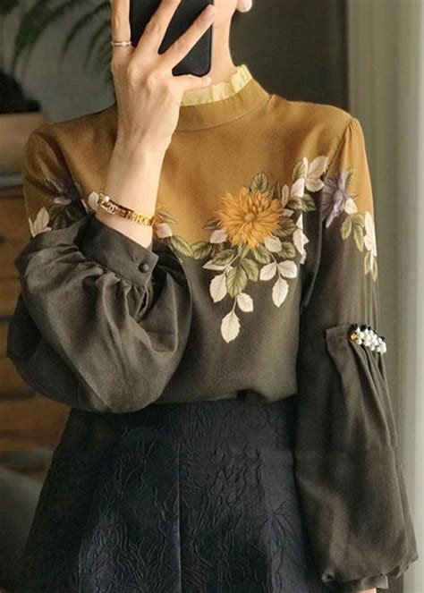 Casual Brown Stand Collar Ruffled Pearl Patchwork Print Blouses Top