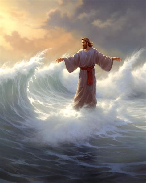 Premium Ai Image Front View Of Jesus Christ Walking On Water At Sea