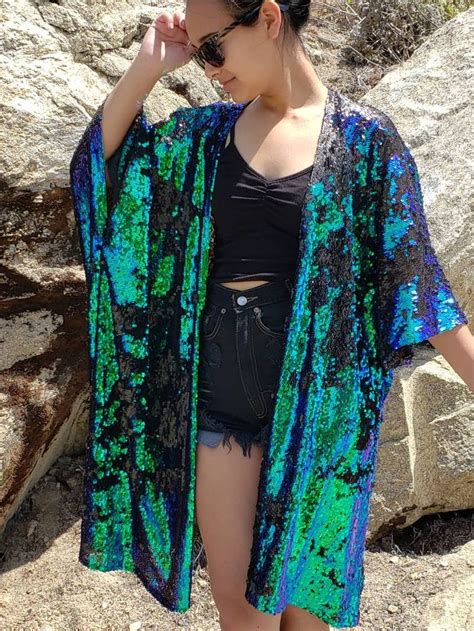 Festival Mermaid Sequin Reversible Metallic Heavy Kimono Top Cardigan Duster Disco Jacket Plus