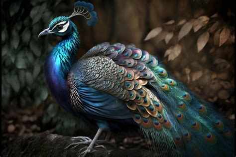 Premium AI Image | A peacock with blue feathers and green feathers stands on a branch.