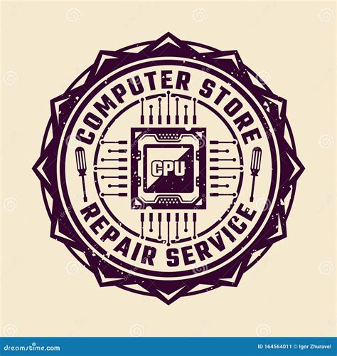 Pc Repair Service Vector Round Emblem With Cpu Stock Vector