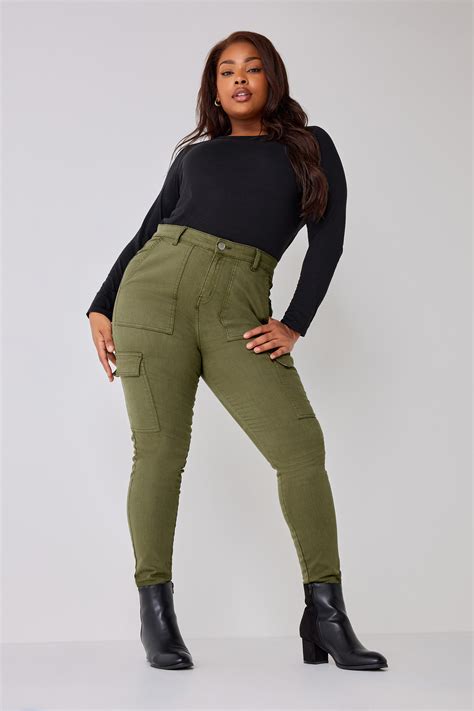 YOURS Curve Plus Size Khaki Green Cargo AVA Jeans | Yours Clothing