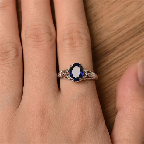 Lab Blue Sapphire Ring Wedding Engagement Ring Oval Cut Etsy