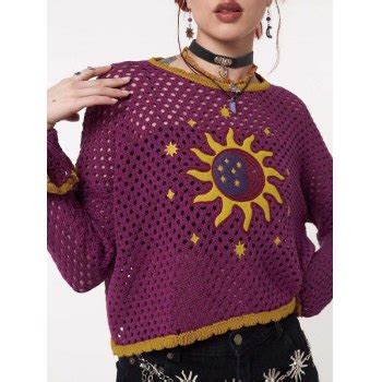 2022 Sun Moon Hollow Out Crochet Knit Top Purple S In Knits Online