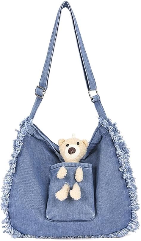 Kukuzhu Denim Shoulder Bag For Women Cute Tote Bag With Bear Decor